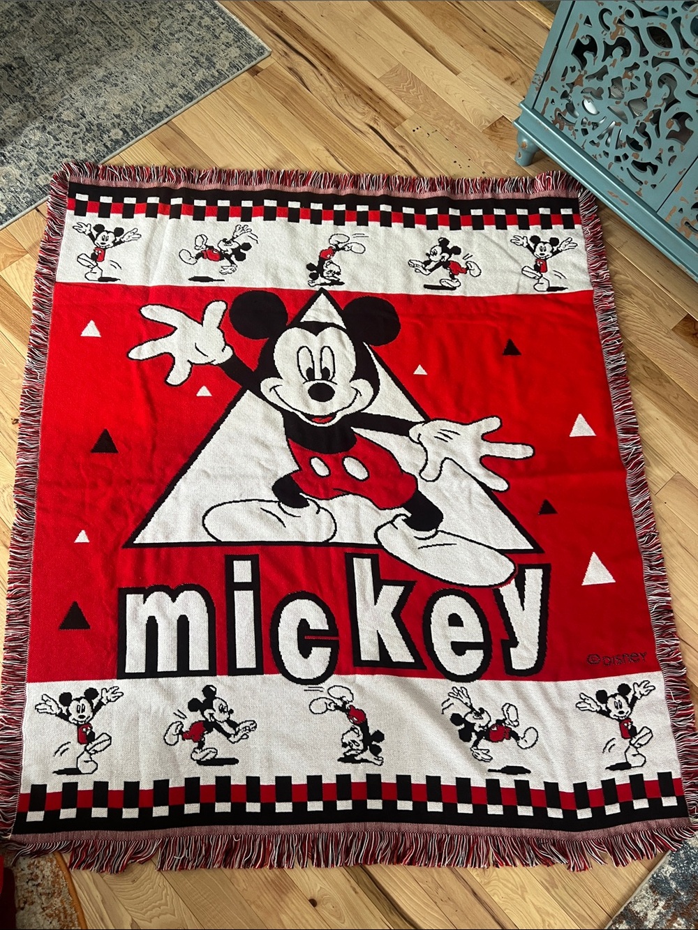 Vintage Disney Mickey Mouse Red Black White Graphic Throw Blanket with Fringe